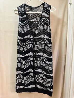 Peruzzi Black White Crochet Knit Cover Up Duster Button Front Beach Size S